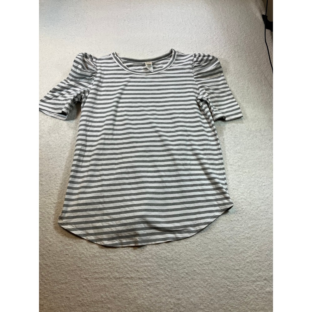 7th Ray Womens Striped T-Shirt XL Grey White Puff Sleeve Crew Neck Curved Hem